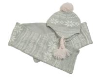 2set - Šedá vzorovaná pletená čepice s bambulí a třásněmi + šála Primark