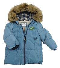 Nové - Modrá šušťáková zimná bunda s kapucňou s kožešinou C&A