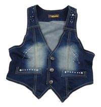 Tmavomodrá rifľová crop vesta s kamienkami