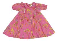 Růžové květované bavlněné šaty s volánky a límečkem Next