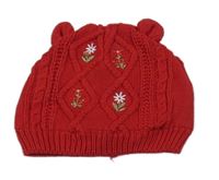 Červená pletená čepice s výšivkami květů Dunnes