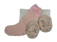 2set - Růžové perforované podkolenky s mašlí + chlupaté capáčky s čumákem vel. 17