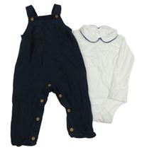 2set - Tmavomodré pletené  laclové tepláky s puntíky + bílé body s límečkem