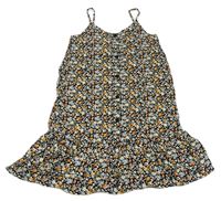Čierno-bielo-oranžové kvetované ľahké šaty s gombíkmi zn. Primark