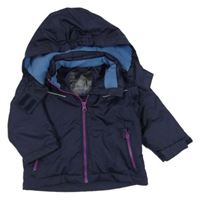 Tmavomodrá šušťáková zimná bunda s fialovým zipsom a kapucňou zn. Pocopiano