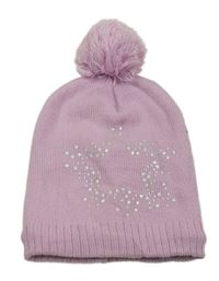 Světlerůžová pletená podšitá čepice s hvězdou a bambulí 