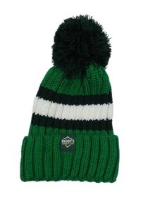 Zelená pletená čepice s bílým pruhem a bambulí 