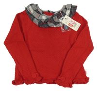 Nové - červený ľahký sveter s sivým kockovaným golierikom
