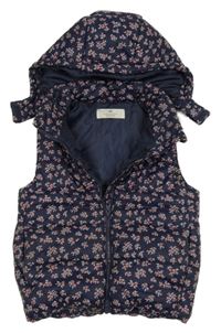 Tmavomodrá květovaná šusťáková zateplená vesta s kapucí H&M