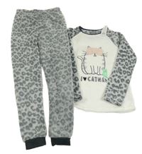 Nové - bílo-šedé vzorované plyšové pyžamo s kočkou Primark