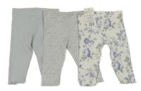 Nové - 3x žebrované legíny - světlemodré + šedé + bílo-modré kvetované F&F