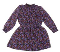 Fialovo-čierne kvetované šifónové šaty