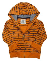 Oranžovo-tmavomodrá pruhovaná propínací mikina s opicemi a kapucí Mothercare