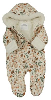 Smotanová kvetovaná šušťáková zimná kombinéza so zvieratkami a kapucňou zn. Primark