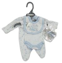 Nové - 4set - Bielo-modré body s hviezdou a nápisy + bielo-modrý overal s hvězdami + podbradník s hvězdu + rukavice