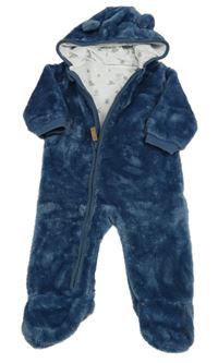 Tmavomodrá plyšová podšitá kombinéza s kapucňou s uškami F&F