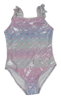 Růžovo-modro-zelené jednodílné třpytivé plavky se šupinami a volánky George