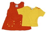 2set - Červeno-oranžové pruhované rebrované na traké šaty + žlté rebrované tričko