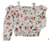 Bílé květované crop triko s odhalenými rameny a volánkem H&M