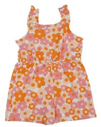 Bílo-růžovo-oranžový květovaný kraťasový overal Primark