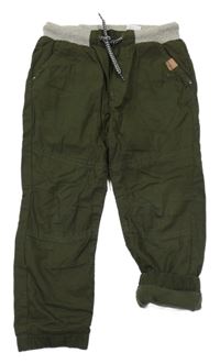 Khaki plátenné podšité cuff nohavice s úpletovým pasom