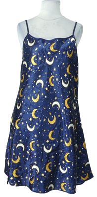 Dámska tmavomodrá saténová nočná košeľa s mesiacmi