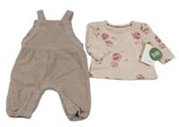 Nové- 2set- béžové laclové manšestráky+ růžové květinové triko C&A