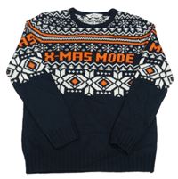 Tmavomodro-bielo-oranžový vzorovaný sveter s nápisom H&M
