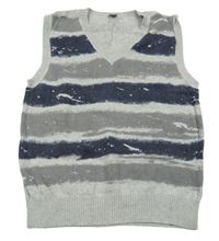 Sivo-tmavomodrá pruhovaná pletená vesta