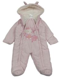 Světlerůžová šusťáková zimní kombinéza s kočičkou a kapucí 