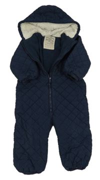 Tmavomodro-sivá prešívaná šušťáková zimná kombinéza s kapucňou Next