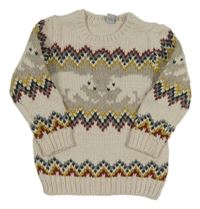 Smetanovo-béžový vlněný svetr s medvídky a vzorem Tu