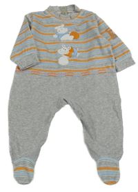 Sivo-světlemodro-oranžový pruhovaný zamatový overal s hrochem