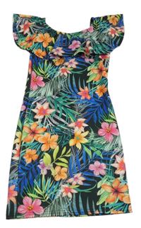 Černo-barevné květované šaty s volánkem E-Vie