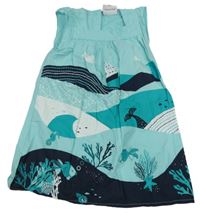 Mentolovo-tyrkysovo-tmavomodré plátenné šaty s podmořským světem Topomini