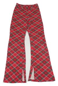 Červeno-bielo-zelené kárované flare nohavice s rozparky H&M