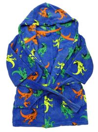 Modrý chlpatý župan s dinosaurami a kapucňou