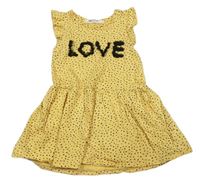 Žlté bodkované bavlnené šaty s nápisom H&M