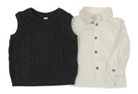 2set - Tmavosivá pletená vesta + biela košeľa M&S