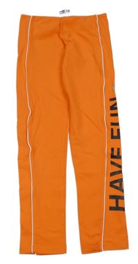 Oranžovo-biele športové legíny s nápisom