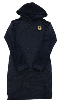 Tmavomodré teplákovo/sametové šaty s puntíky a kapucí