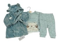 Nové - 3set - Zelenošedý chlpatý župan s kapucí + triko + tepláky s medvídk George