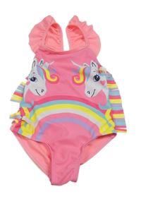 Neonově růžové jednodílné plavky s jednorožci a třásněmi 