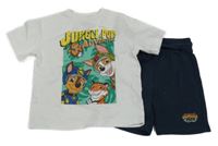 2set - Bílé tričko s Paw Patrol + tmavomodré teplákové kraťasy 