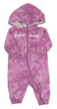 Tmavorůžovo-ružová batikovaná tepláková kombinéza s logom a kapucňou Reebok