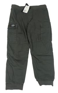 Nové - tmavošedé cargo cuff jogger PULL ON plátěné kalhoty s úpletovým pasem H&M