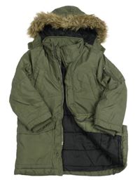 Khaki šusťákový zimní kabát s odepínací kapucí s kožešinou H&M