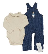 Nový - 2Set - Tmavomodro-biele kockované plátenné na traké podšité nohavice s králíčkem - Peter Rabbit + smotanové body s golierikom M&S