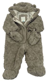 Šedohnědá chlpatá zateplená kombinéza s kapucí + rukavice John Lewis