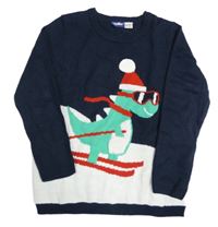 Tmavomodro-biely pletený sveter s dinosaurom s vánočním motívom a blikátkem lupilu